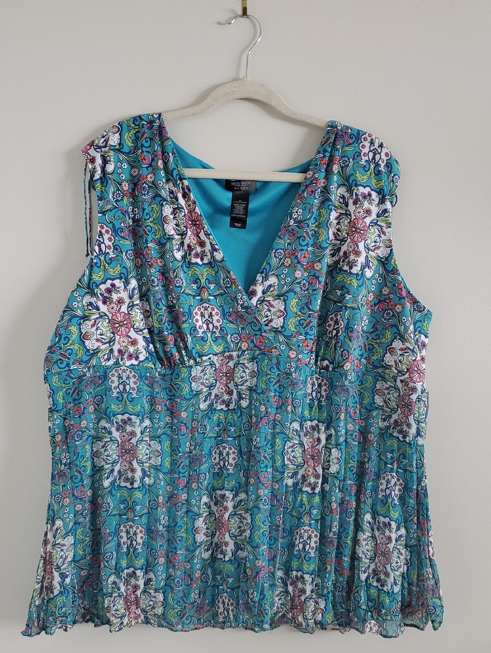 Bisou Bisou Woman Half Pleated Layered V Neck Sleeveless Teal Top Sz 3X Career